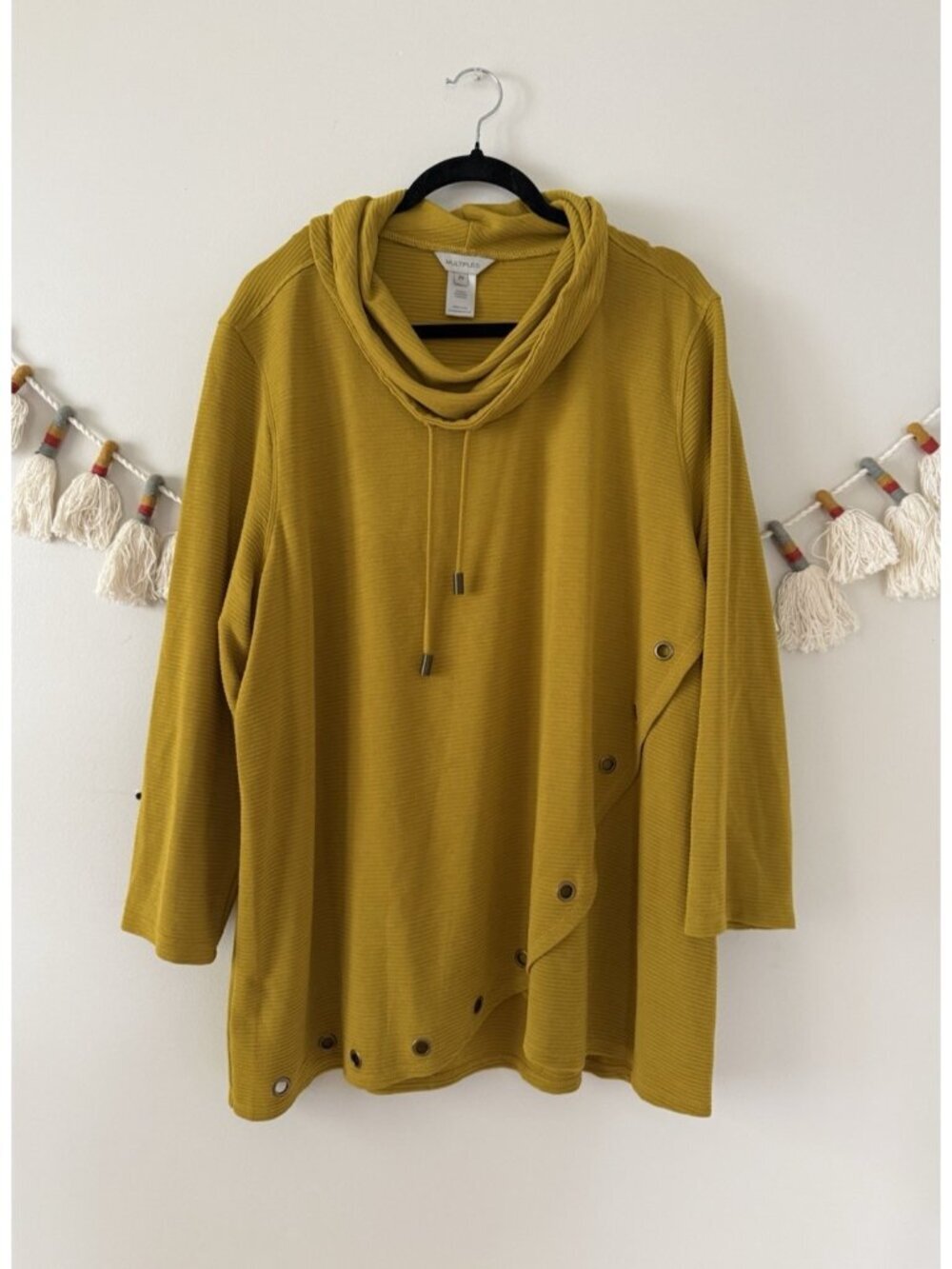 Multiples Ribbed Knit Yellow Cowl Neck Overlay Pullover Top Artsy Lagenlook 2x